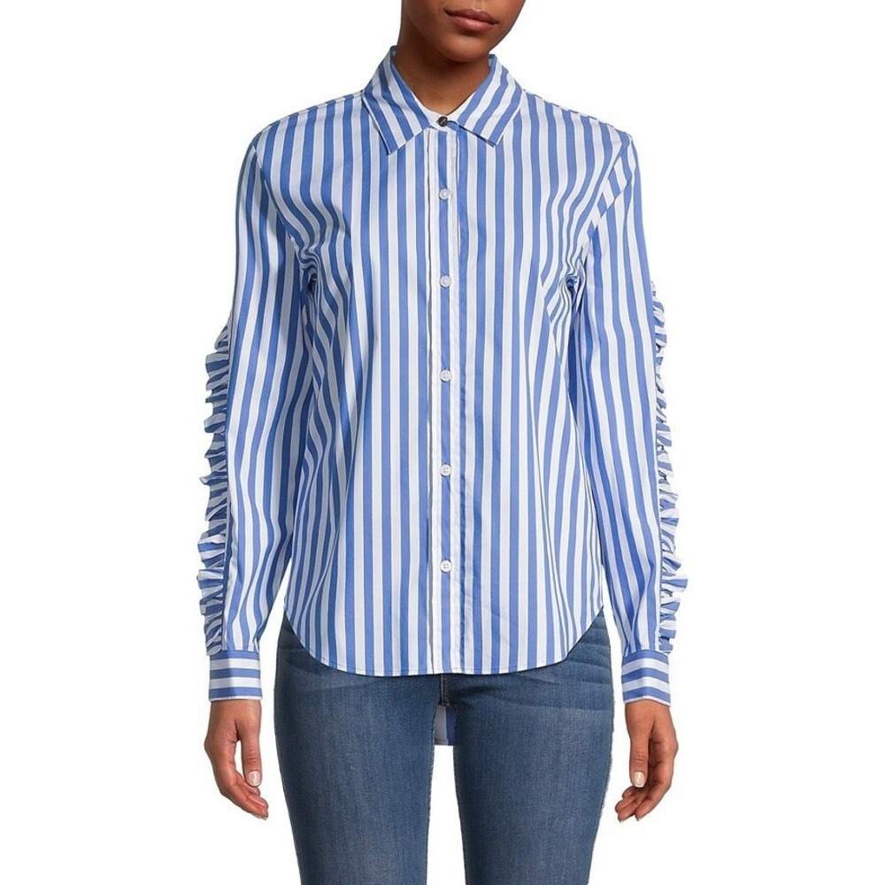 DKNY blue white‎ striped ruffle seeve button down shirt Sz M woman